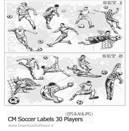 دانلود تصاویر وکتور برچسب توپ فوتبال و بازیکن های متنوع - CM Soccer Labels 30 Players