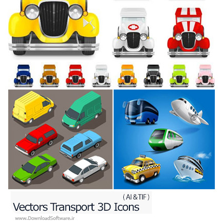 دانلود تصاویر وکتور آیکون های سه بعدی وسایل نقلیه، هواپیما، کشتی، تاکسی و ... - Vectors Transport 3D Icons